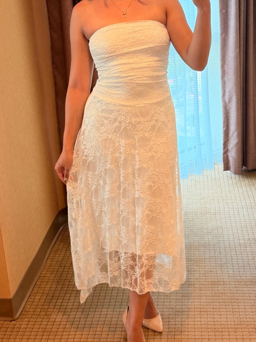 Strapless White Lace Midi Dress